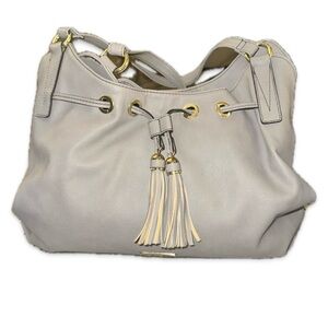 Liz Claiborne taupe/grey drawstring hobo bag with Gold Accents
